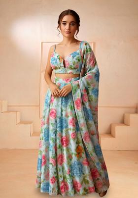 Blue Printed Chiffon Lehenga Set