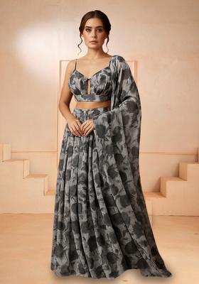 Grey Printed Chiffon Lehenga Set