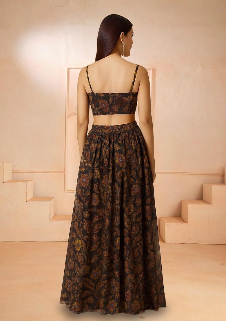 Black Printed Chiffon Lehenga Set - Indya