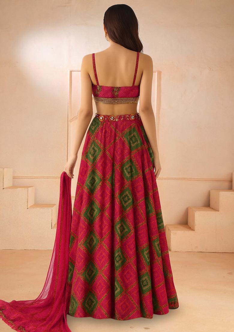 Pink Printed Chiffon Lehenga Set - Indya