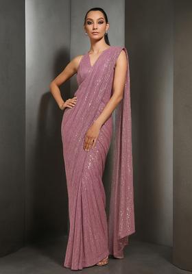 Pink Sequin Embellished Pre Draped Saree Set