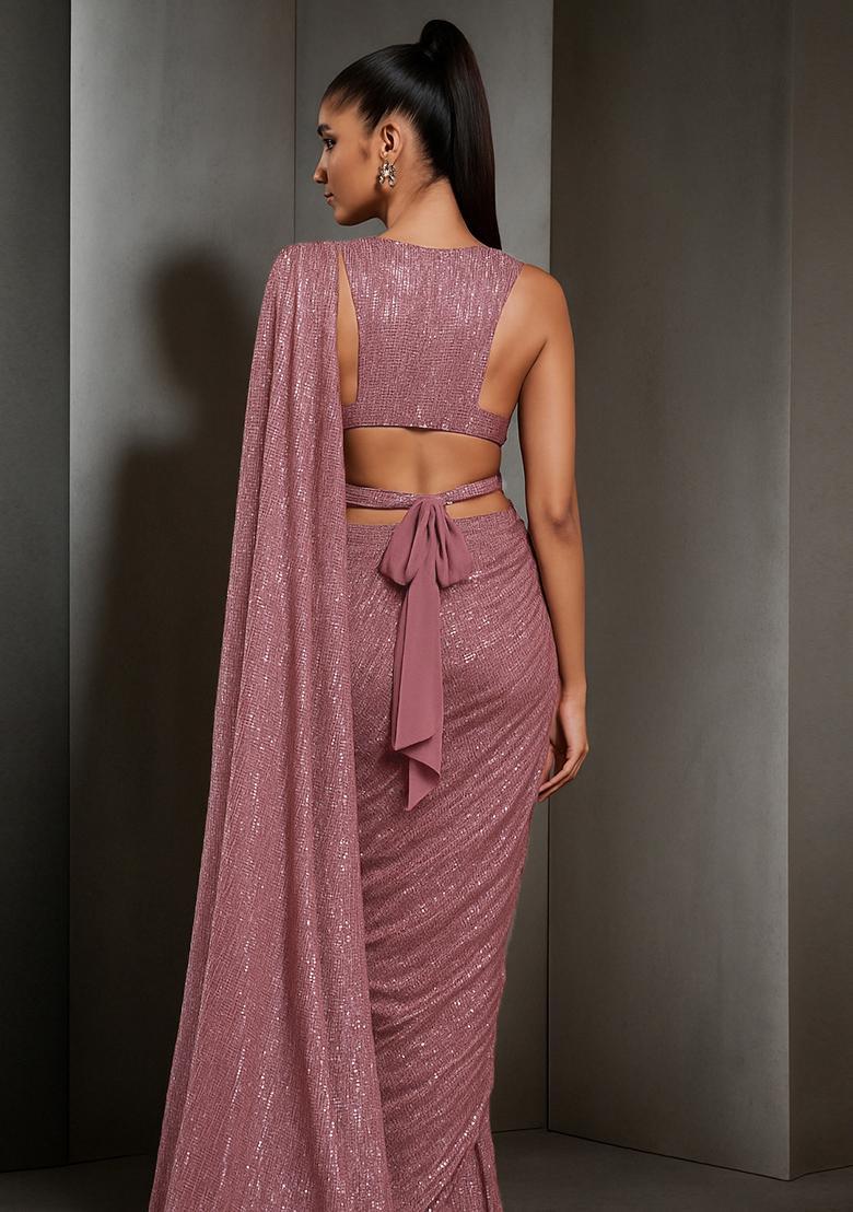 Pink Sequin Embellished Pre Draped Saree Set - Indya