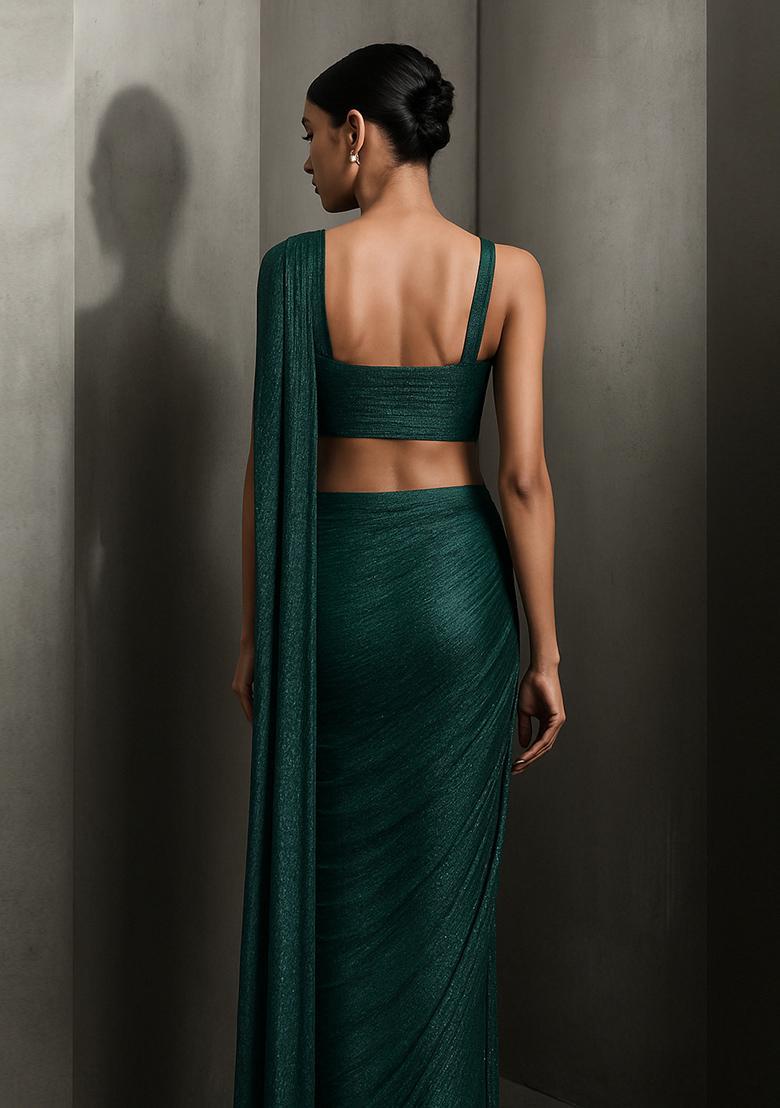 Green Glitter Pre Draped Saree Set - Indya