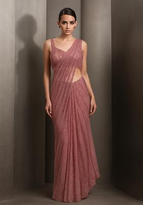 Pink Sequin Embellished Polyester Pre Draped Saree Set
