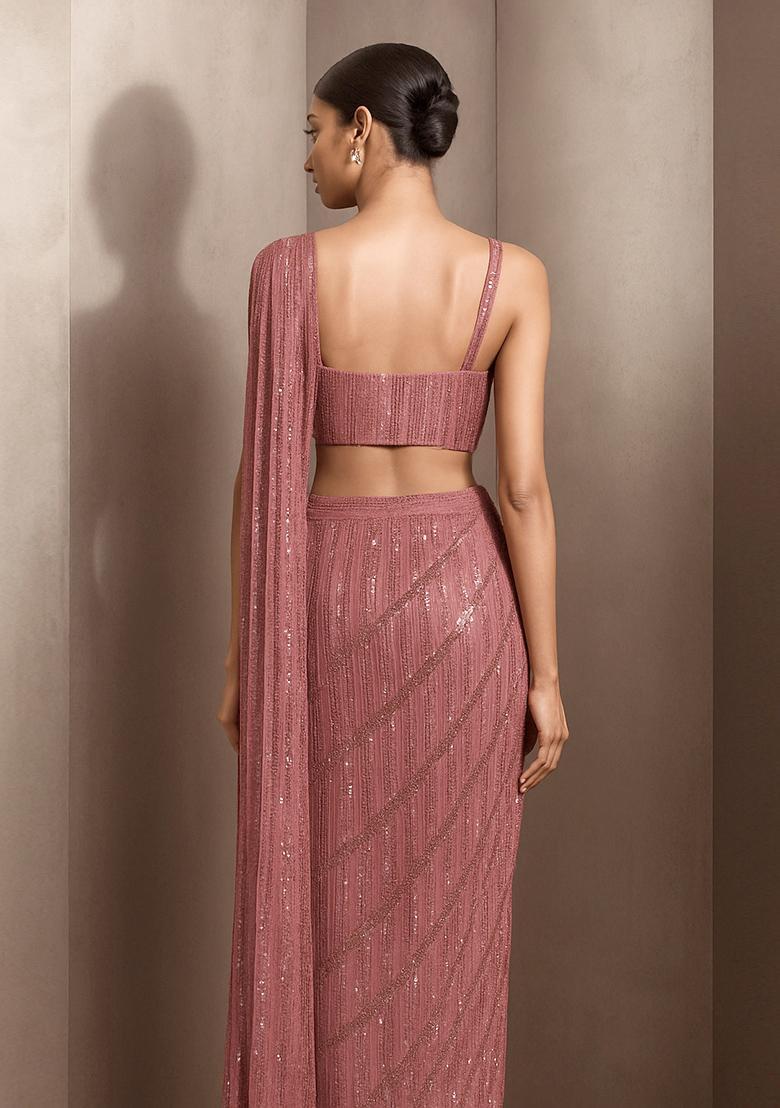 Pink Sequin Embellished Polyester Pre Draped Saree Set - Indya