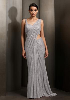 Grey Sequin Embellished Pre Draped Saree Set