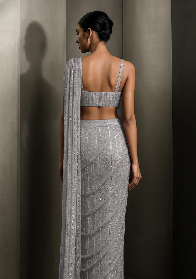 Grey Sequin Embellished Pre Draped Saree Set - Indya