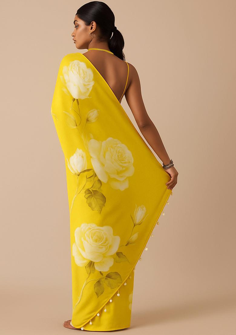 Yellow Printed Satin Pre Draped Saree Set - Indya