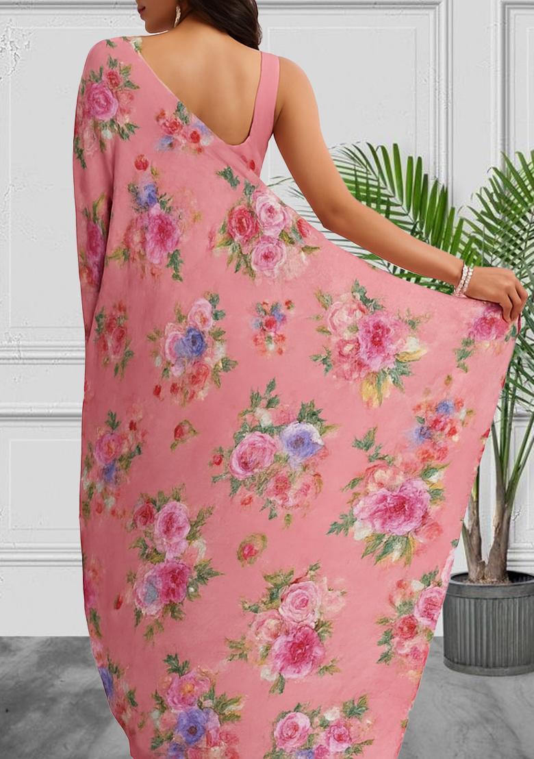 Pink Printed Satin Pre Draped Saree Set - Indya