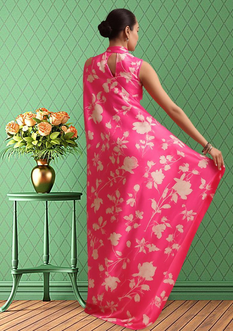Pink Printed Satin Pre Draped Saree Set - Indya