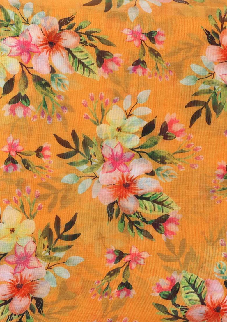 Orange Printed Organza Pre Draped Saree Set - Indya