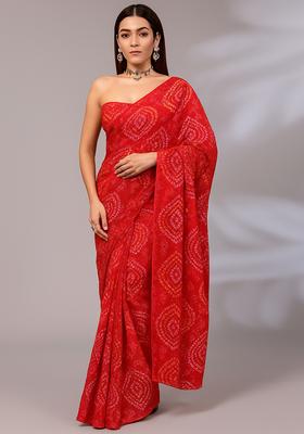 Red Printed Organza Pre Draped Saree Set