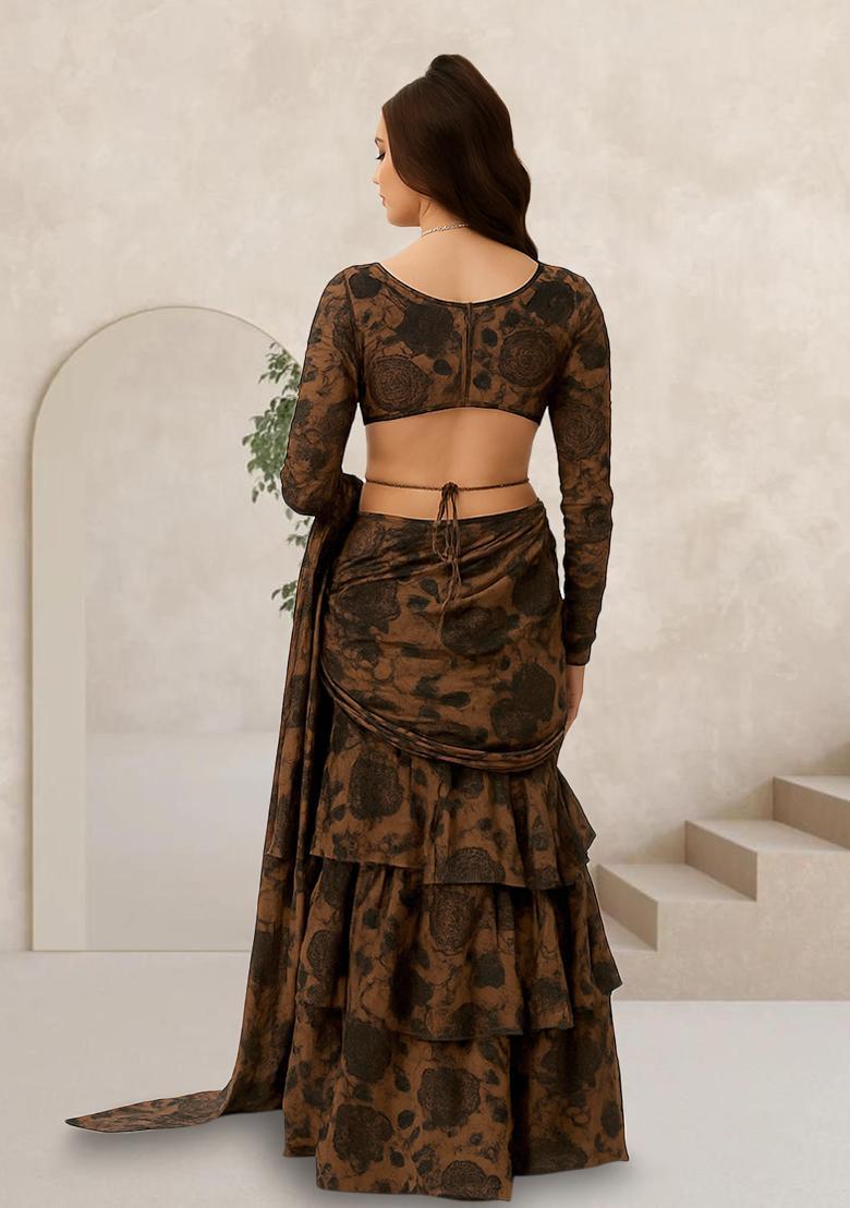 Brown Printed Pre Draped Saree Set - Indya