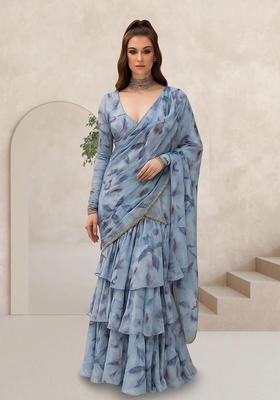 Blue Printed Organza Pre Draped Saree Set