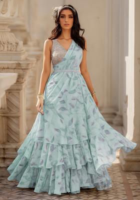 Blue Printed Organza Pre Draped Saree Set