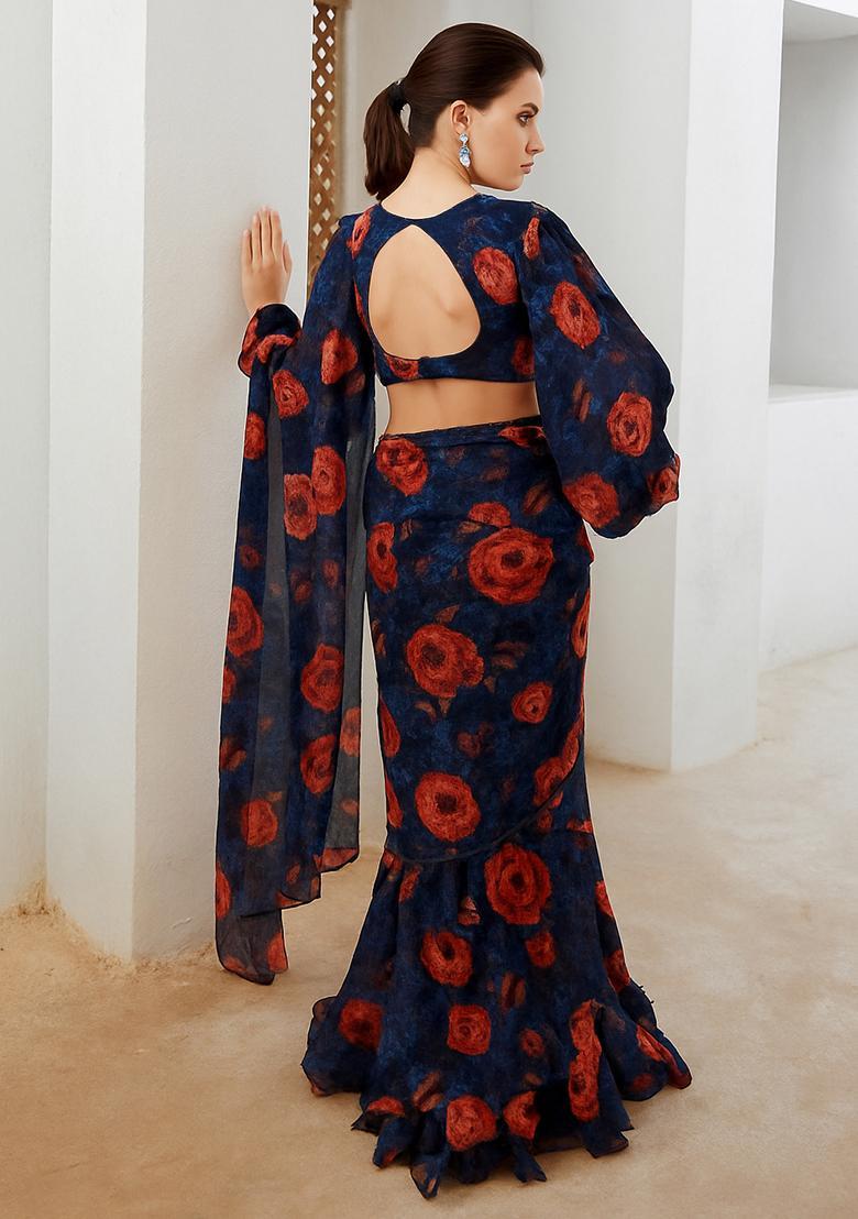 Blue Printed Chiffon Pre Draped Saree Set - Indya