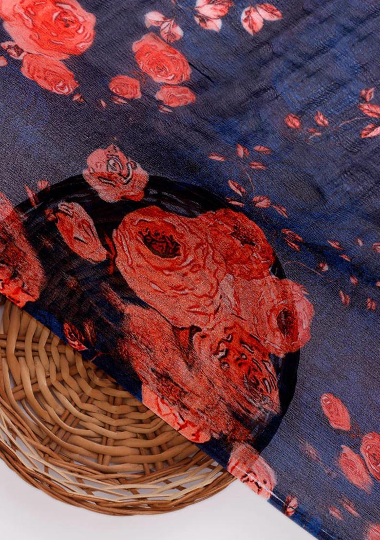 Blue Printed Chiffon Pre Draped Saree Set - Indya