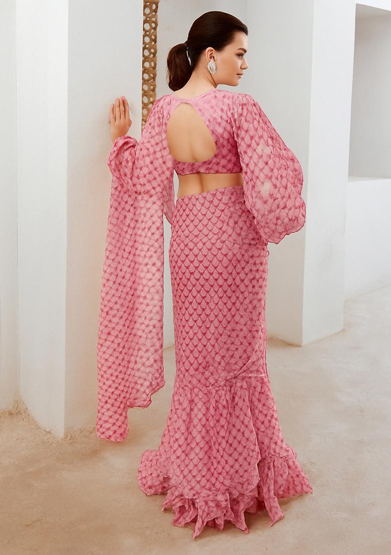 Pink Printed Chiffon Pre Draped Saree Set - Indya