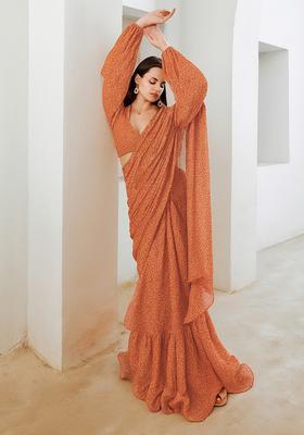 Orange Printed Chiffon Pre Draped Saree Set