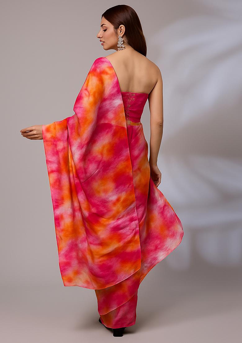 Pink Printed Organza Pre Draped Saree Set - Indya