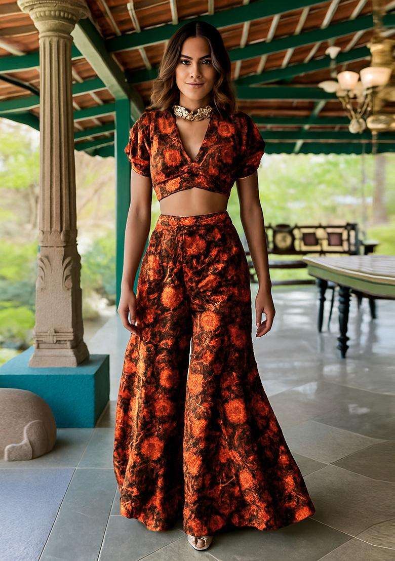 Black Printed Chiffon Fusion Set - Indya