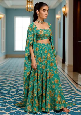 Ocean Blue Printed Chiffon Fusion Set