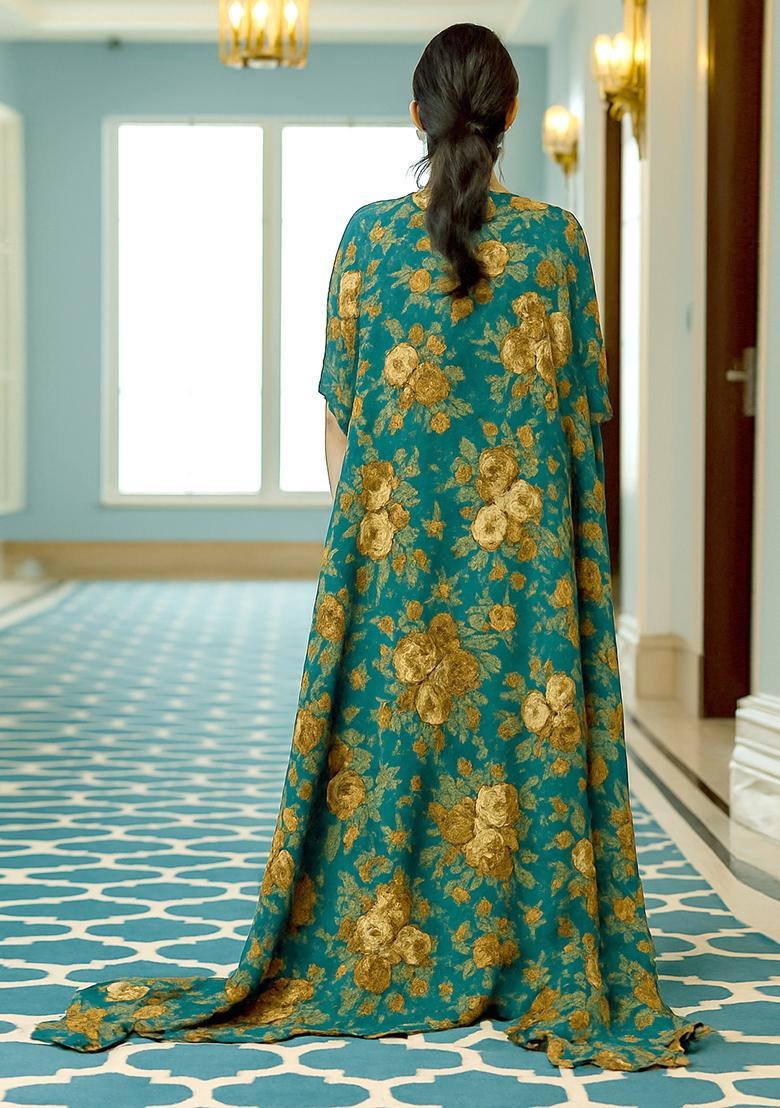 Ocean Blue Printed Chiffon Fusion Set - Indya
