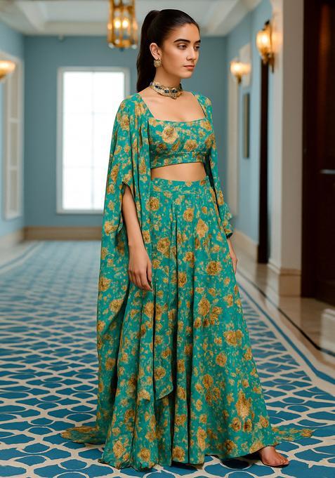 Ocean Blue Printed Chiffon Fusion Set
