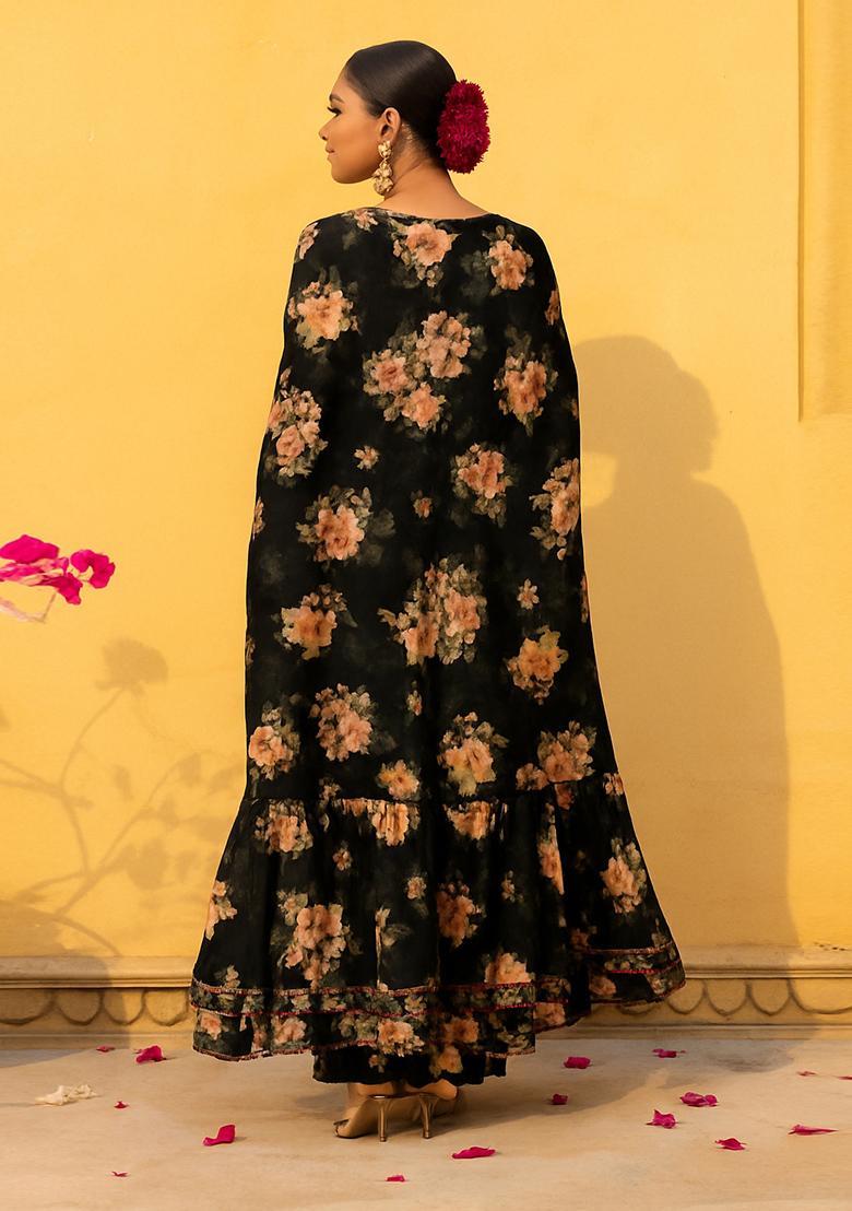 Black Printed Chiffon Fusion Set - Indya