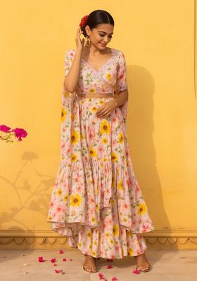 Baby Pink Printed Chiffon Fusion Set