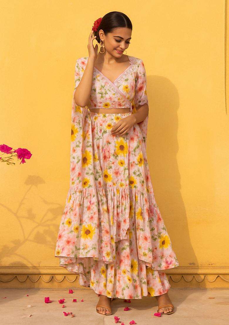 Baby Pink Printed Chiffon Fusion Set - Indya