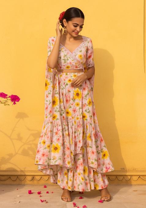 Baby Pink Printed Chiffon Fusion Set