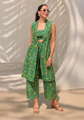Forest Green Printed Dola Silk Blend Fusion Set