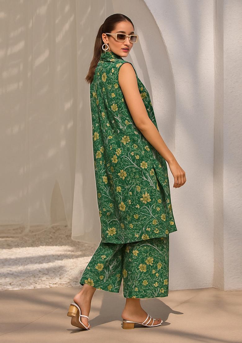 Forest Green Printed Dola Silk Blend Fusion Set - Indya