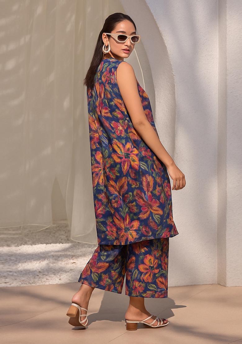 Purple Printed Dola Silk Blend Fusion Set - Indya