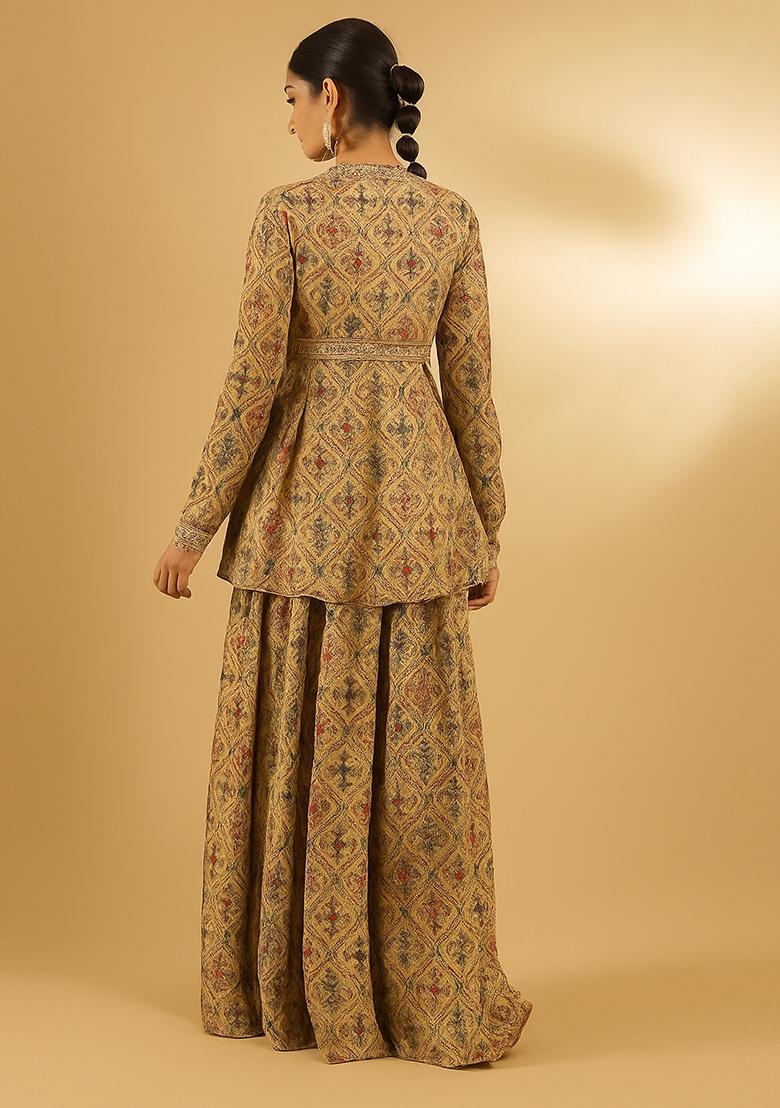 Beige Printed Chiffon Sharara Set - Indya