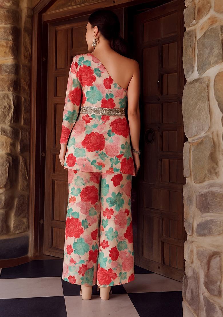 Peach Floral Print Chiffon Co Ord Set - Indya