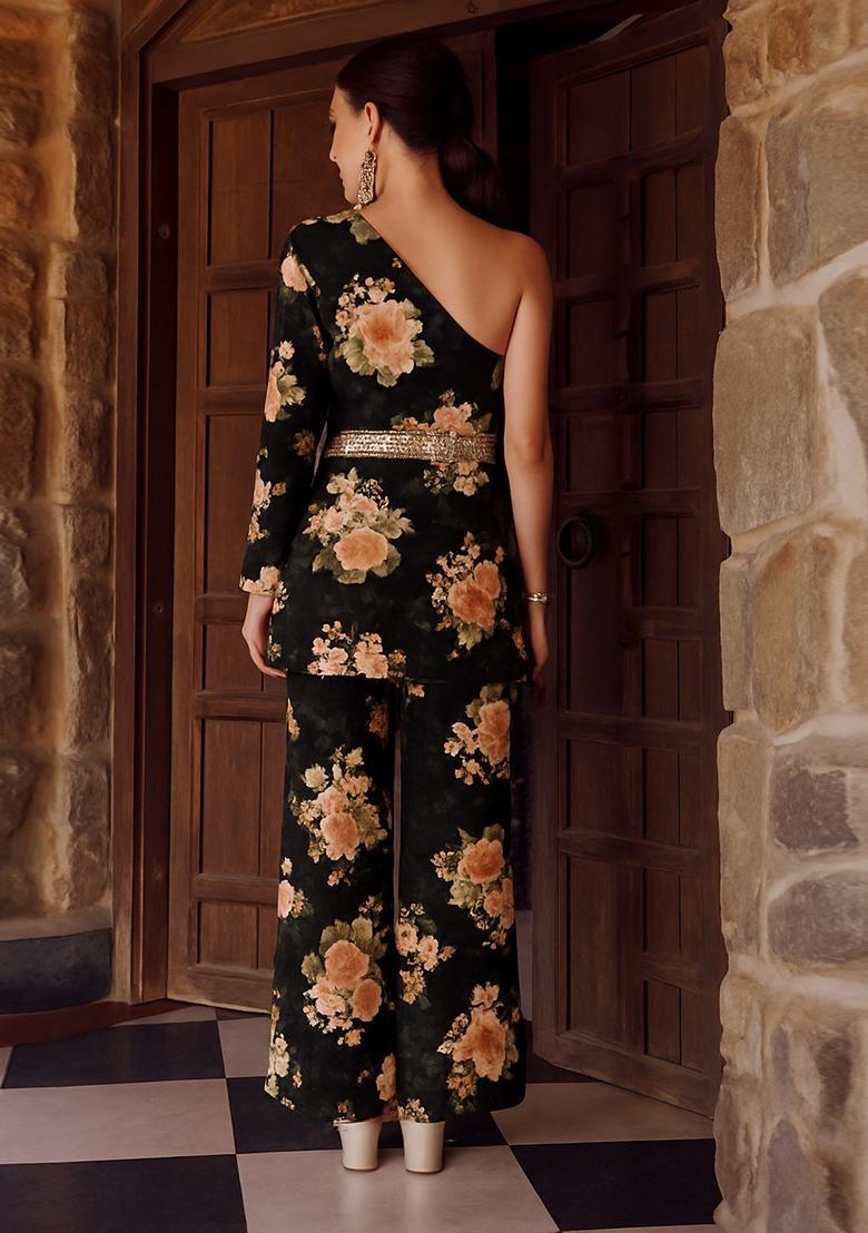 Black Floral Print Chiffon Co Ord Set - Indya