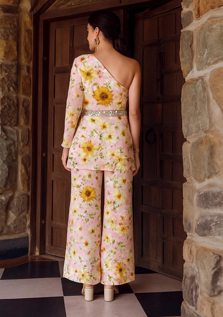 Baby Pink Floral Print Chiffon Co Ord Set - Indya