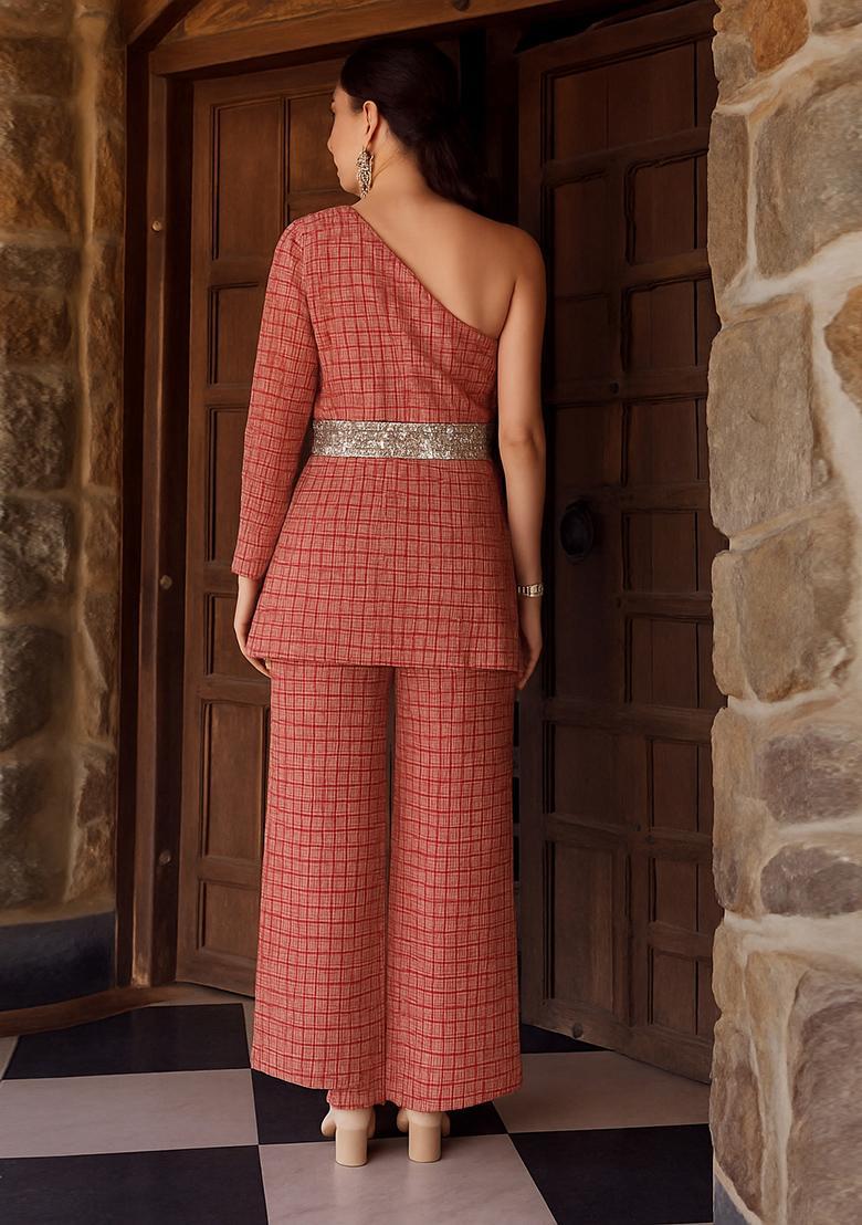Red Embellished Chiffon Co Ord Set - Indya