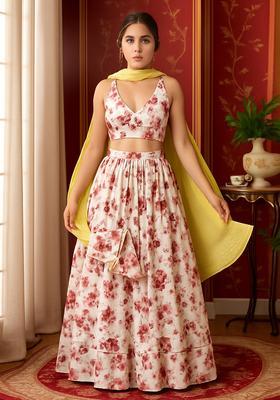 White Printed Chiffon Lehenga Set