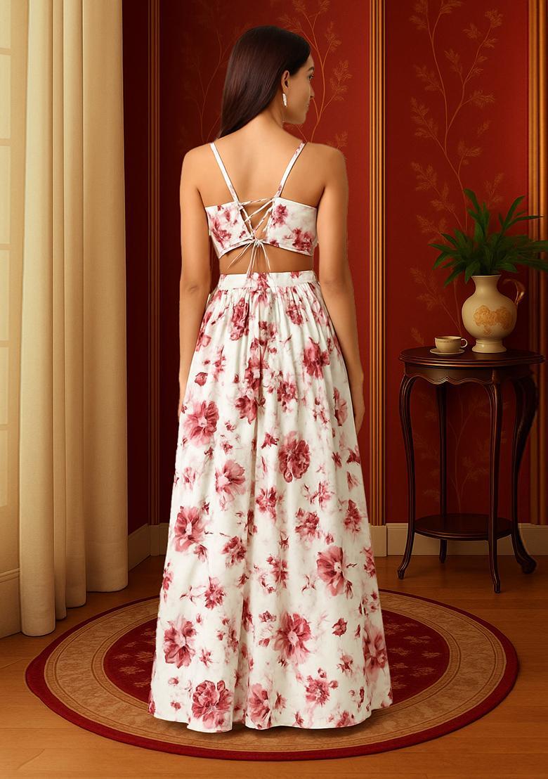 White Printed Chiffon Lehenga Set - Indya