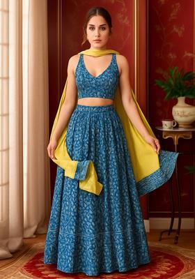 Blue Printed Chiffon Lehenga Set