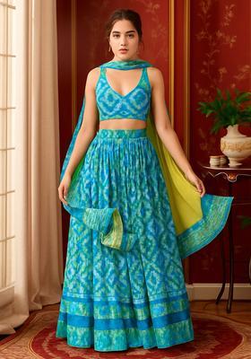 Blue Printed Chiffon Lehenga Set