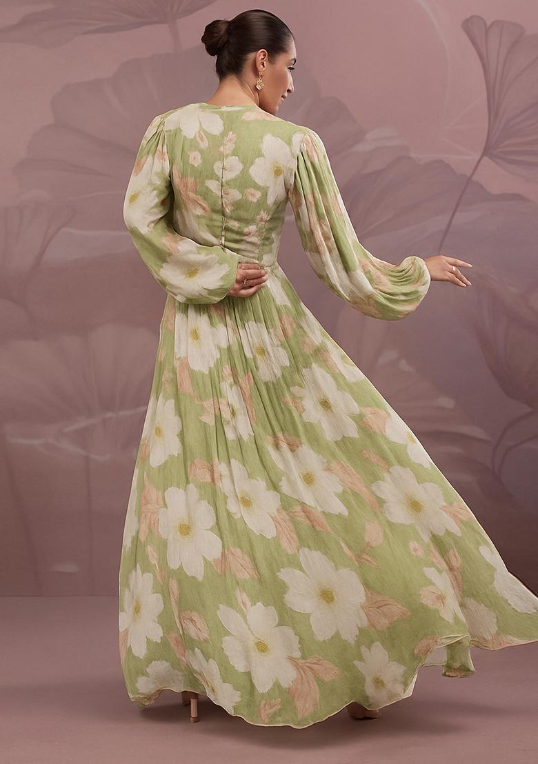 Henna Green Printed Georgette Crop Top Skirt Set - Indya