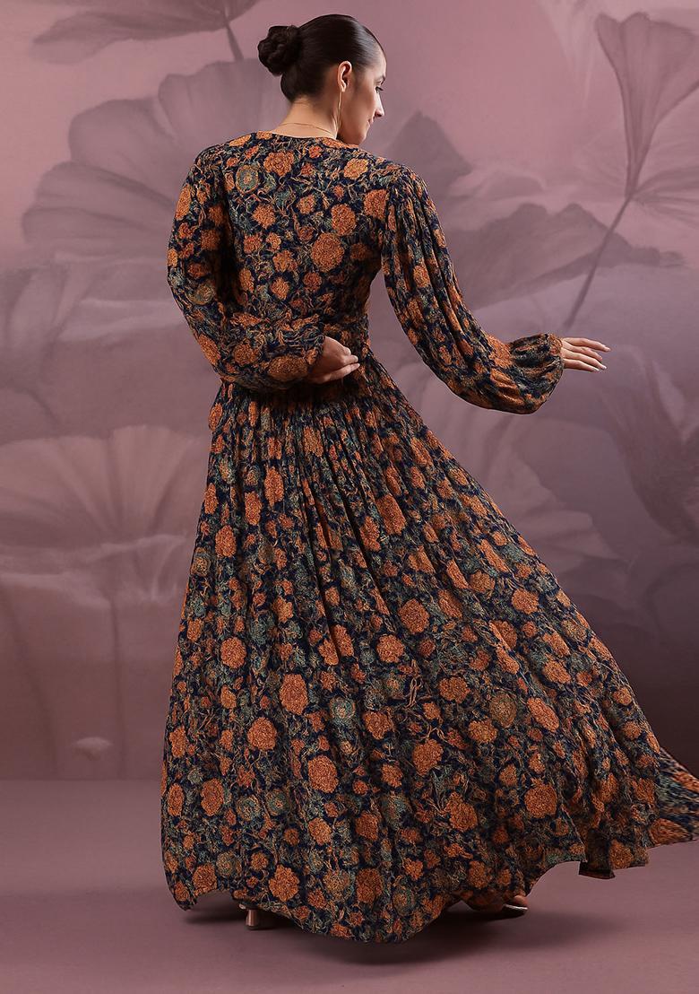 Black Printed Georgette Crop Top Skirt Set - Indya