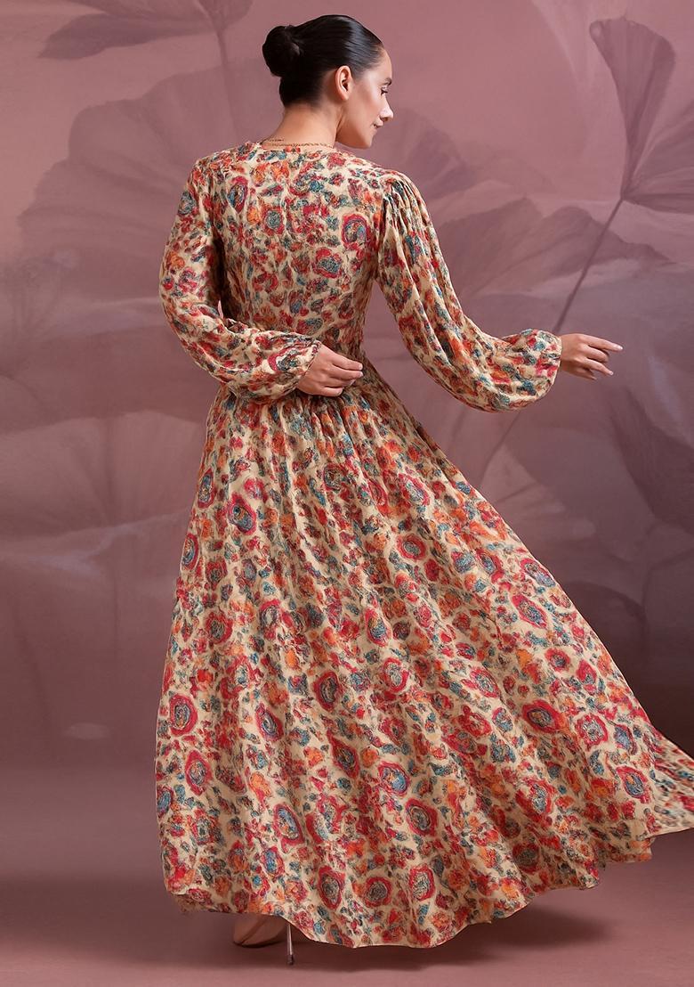 Multicolor Printed Georgette Crop Top Skirt Set - Indya