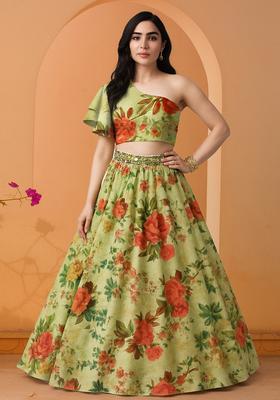 Green Printed Dola Silk Blend Lehenga Set