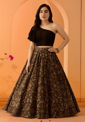Black Printed Dola Silk Blend Lehenga Set