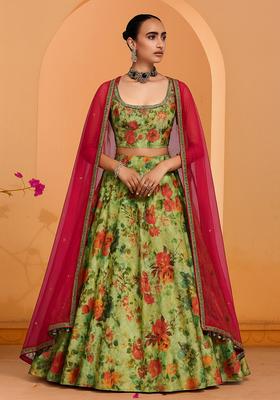 Green Printed Dola Silk Blend Lehenga Set